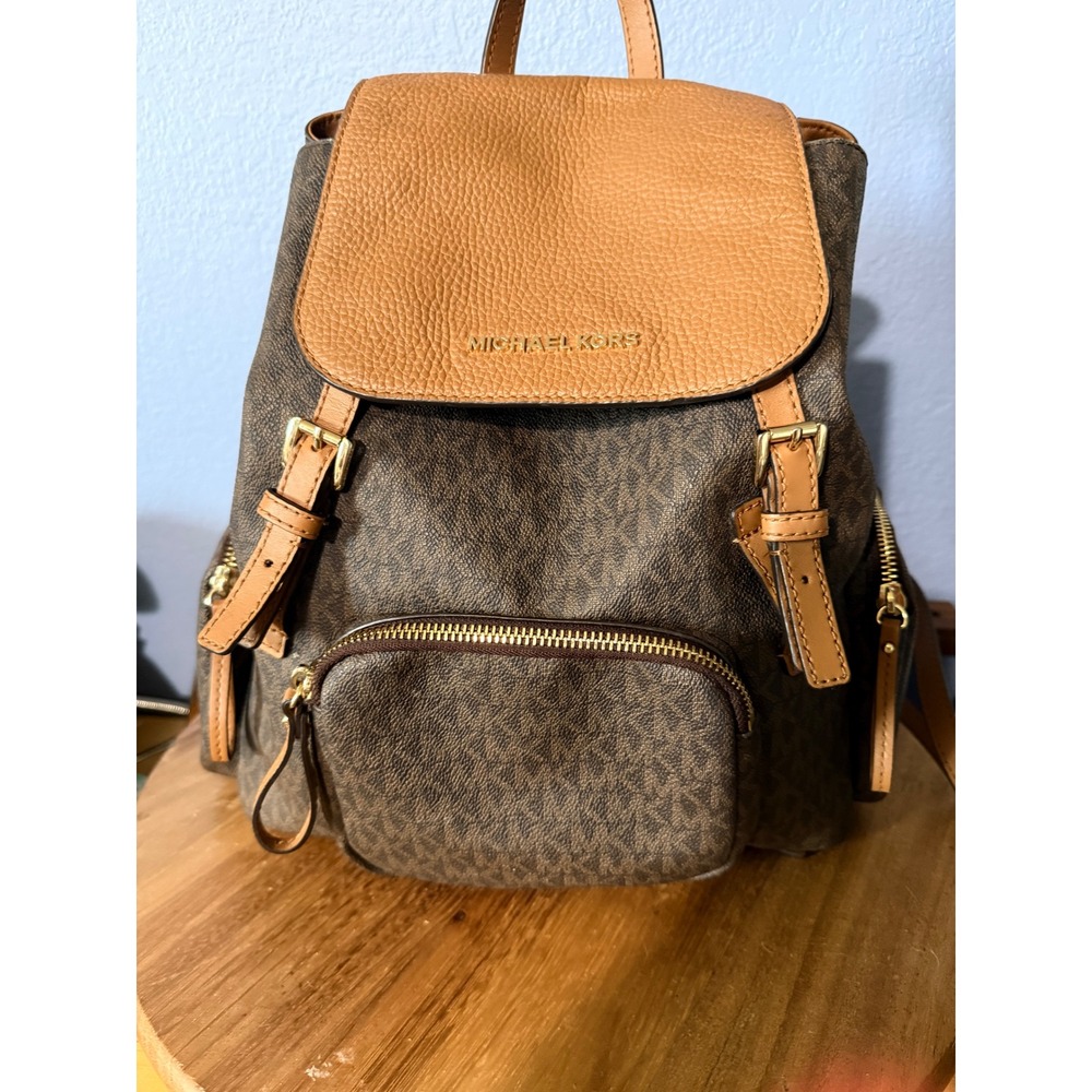 Michael Kors Abbey Cargo Backpack Womens Large Brown NWOTMonogram Leather Trim